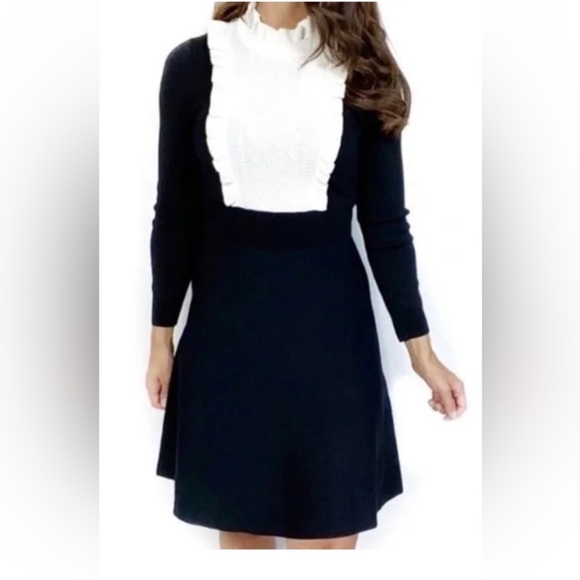 Sandro Dounia Black & White Ruffle Bib Knit Fit & Flare French Themed Mini Dress - Picture 1 of 9